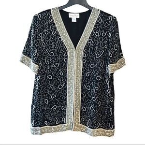 Laurence Kazar Sz XL Vintage Heavy Black Silver Beaded & Sequined Mafia Vibe Top